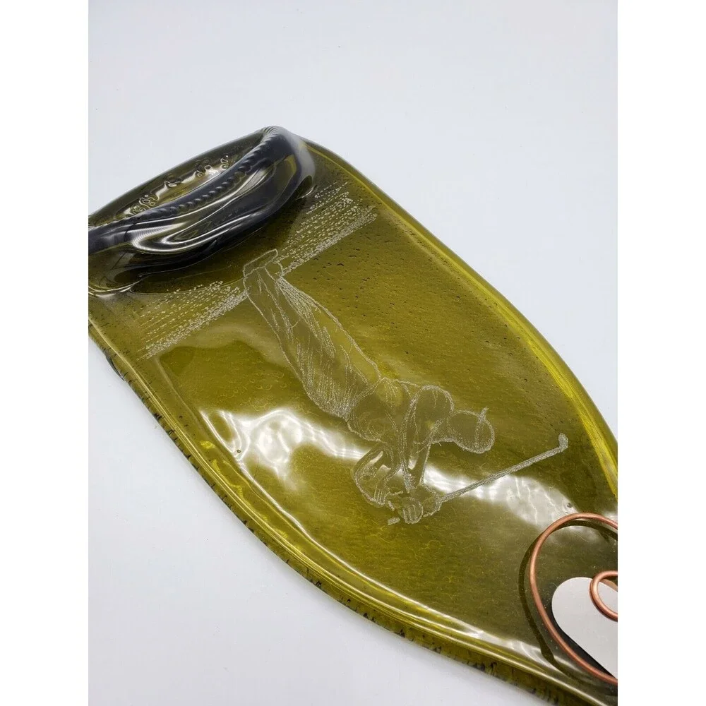 Cheese Plate Green Wine Bottle Serving Dish Spoon Rest Etched Golfer Flattened